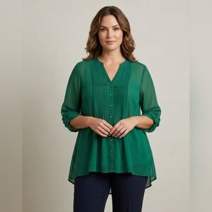 DEX 2X Emerald Green Sheer Tunic Top Pleated Chiffon Boho Workwear Roll-Tab